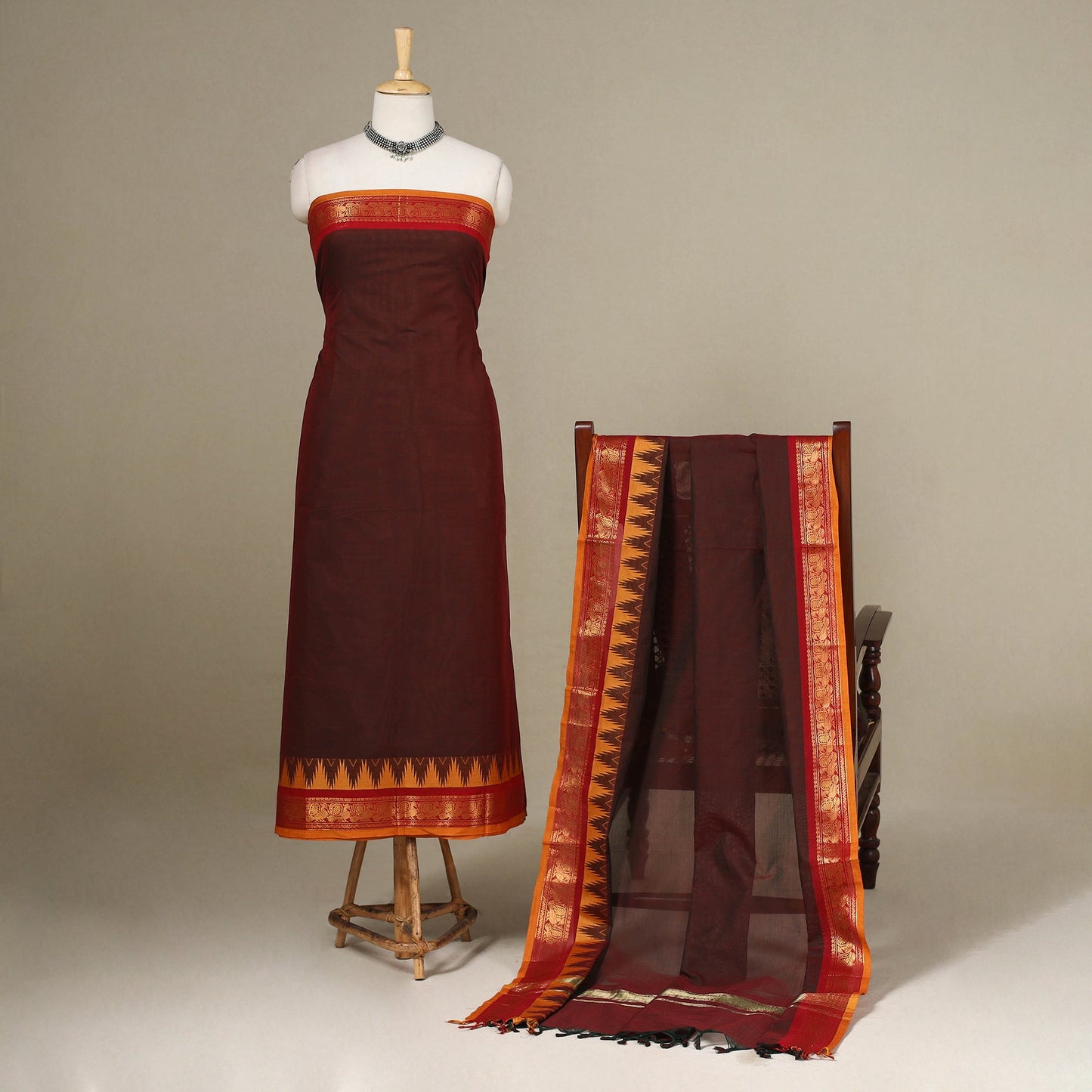 Brown - 2pc unstitched kandangi chettinad cotton dress