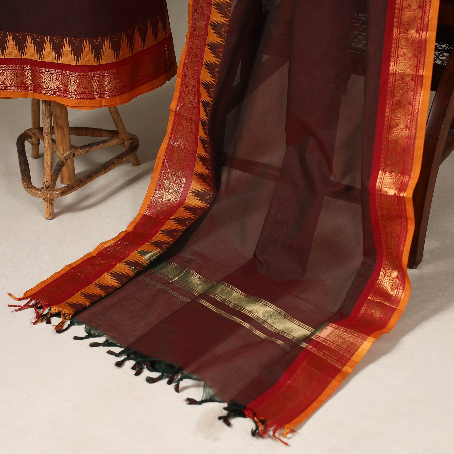 Brown - 2pc unstitched kandangi chettinad cotton dress