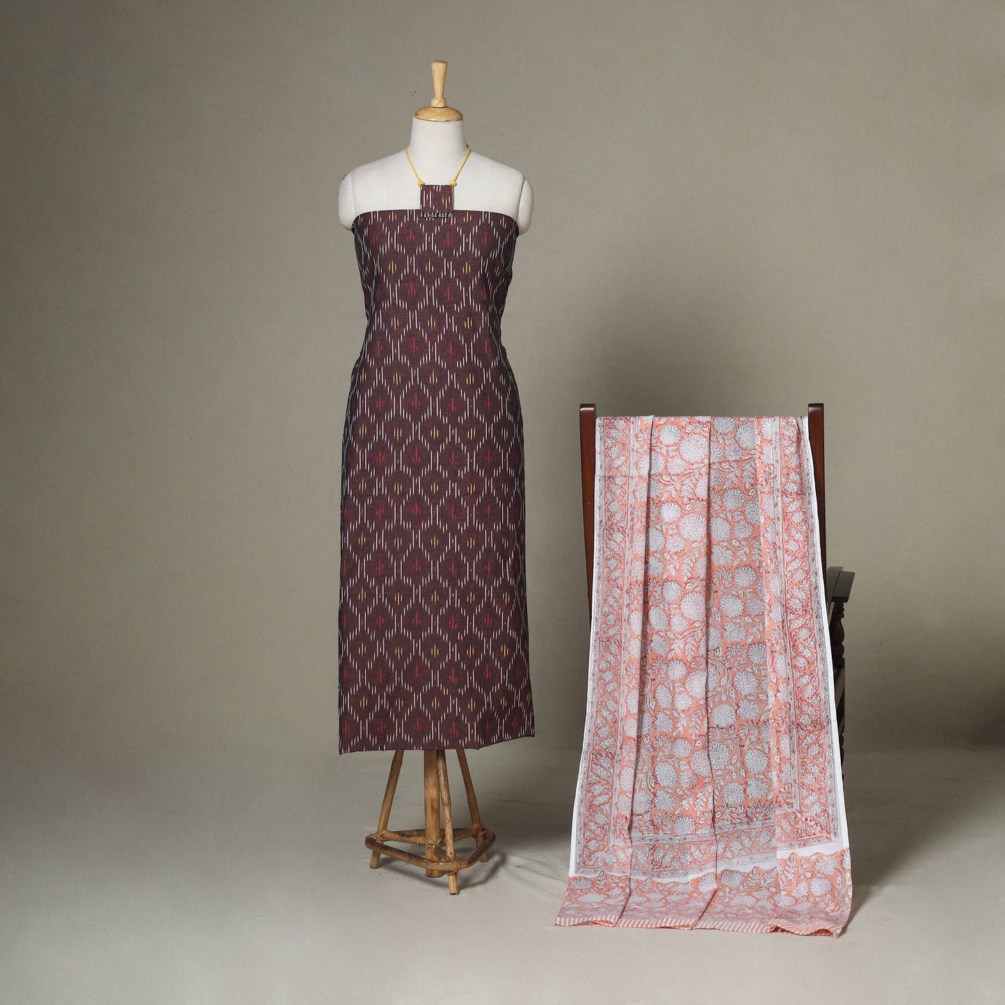 Brown - 2pc unstitched pochampally ikat dress material