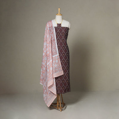 Brown - 2pc unstitched pochampally ikat dress material