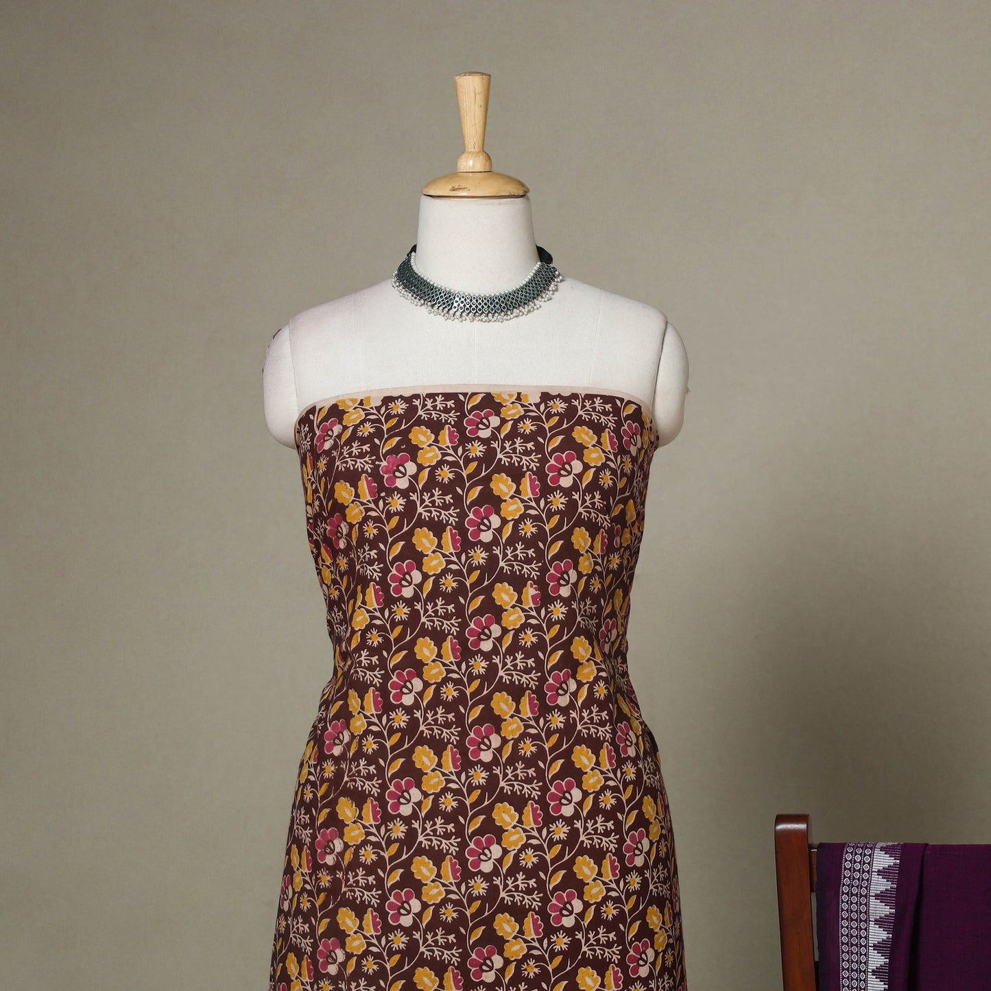 Brown - 2pc unstitched printed cotton kalamkari dress