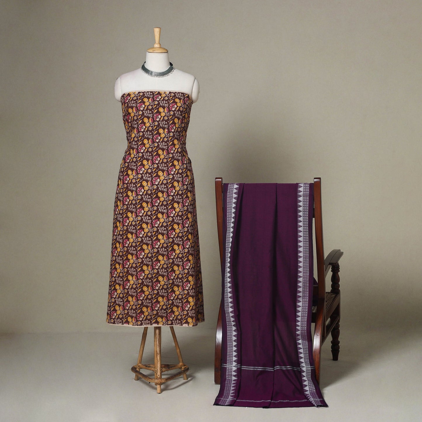 Brown - 2pc unstitched printed cotton kalamkari dress