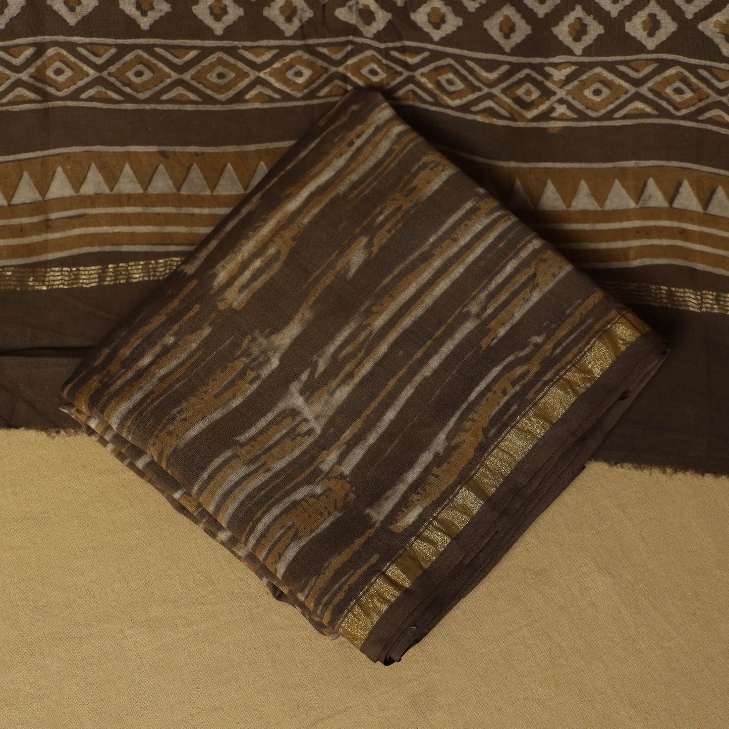 Brown - 3pc akola printed chanderi silk unstitched suit