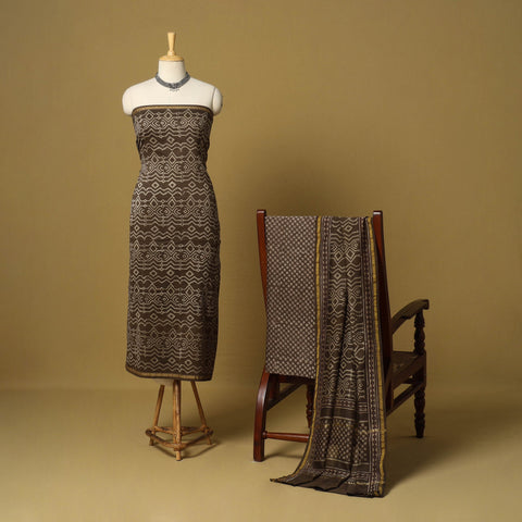 Brown - 3pc akola printed chanderi silk unstitched suit
