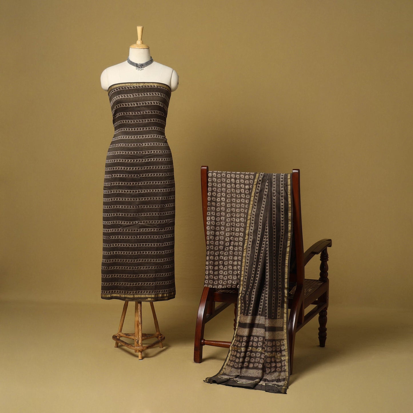 Brown - 3pc akola printed chanderi silk unstitched suit