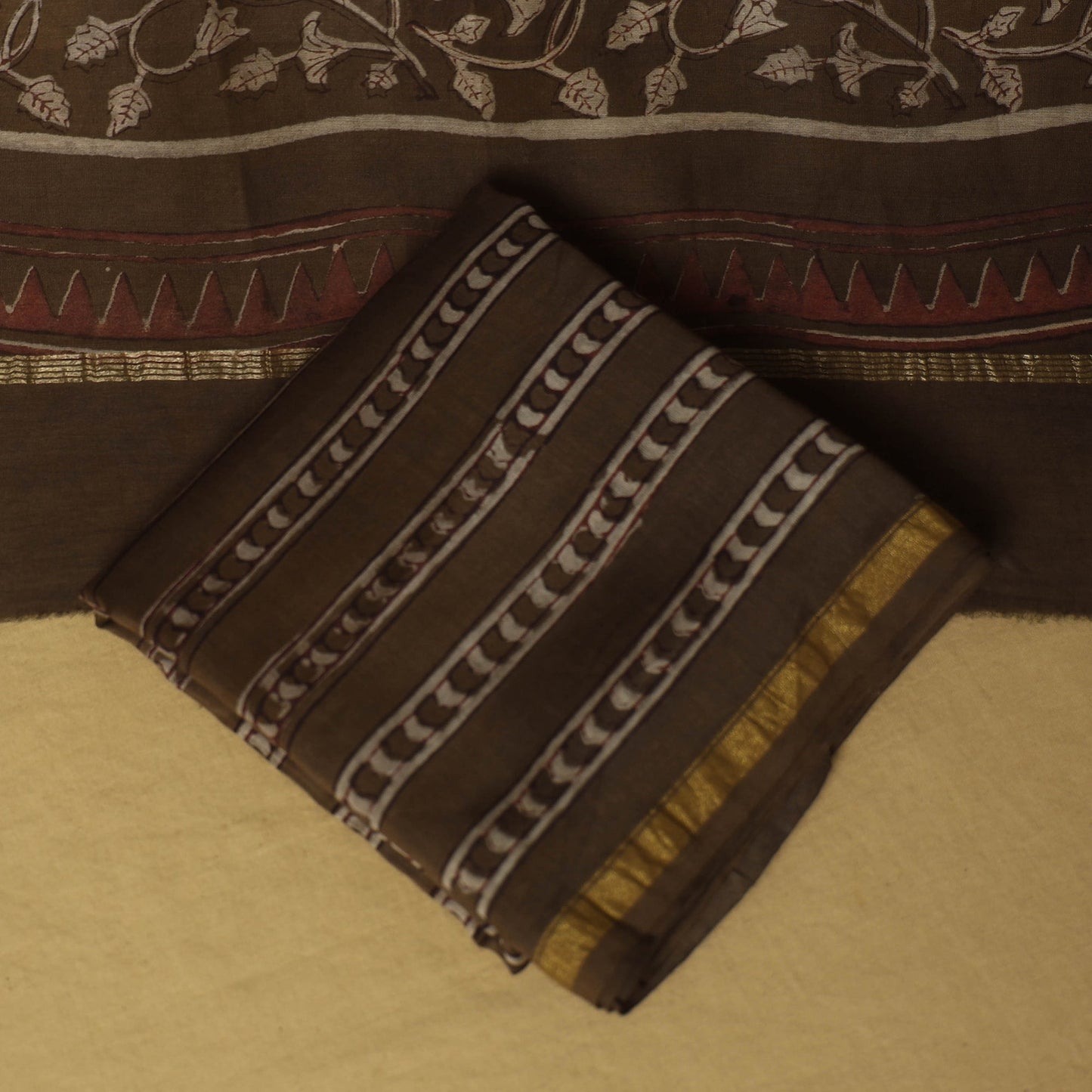Brown - 3pc akola printed chanderi silk unstitched suit