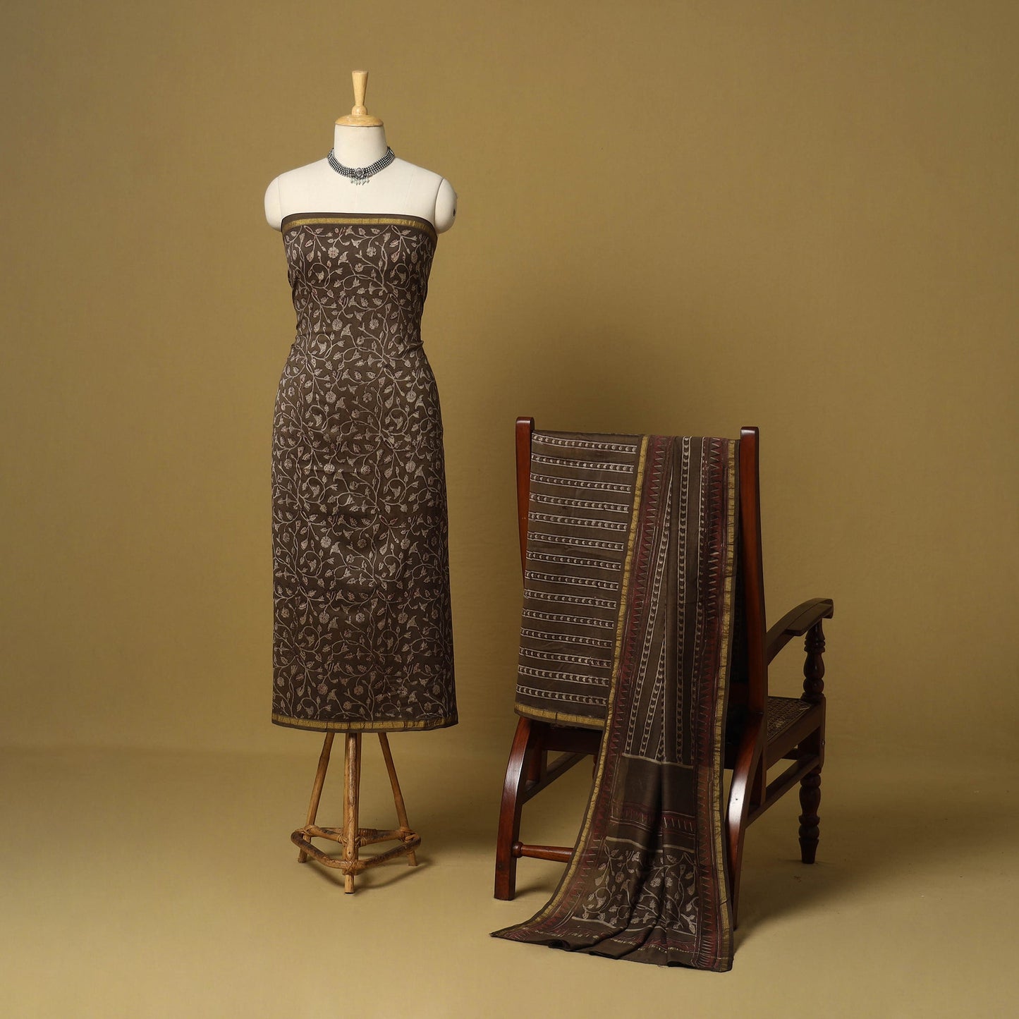 Brown - 3pc akola printed chanderi silk unstitched suit