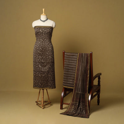 Brown - 3pc akola printed chanderi silk unstitched suit
