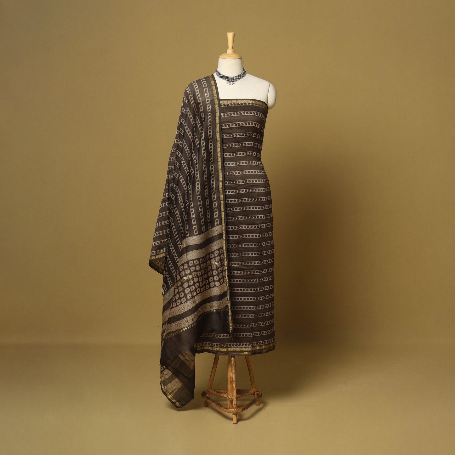 Brown - 3pc akola printed chanderi silk unstitched suit