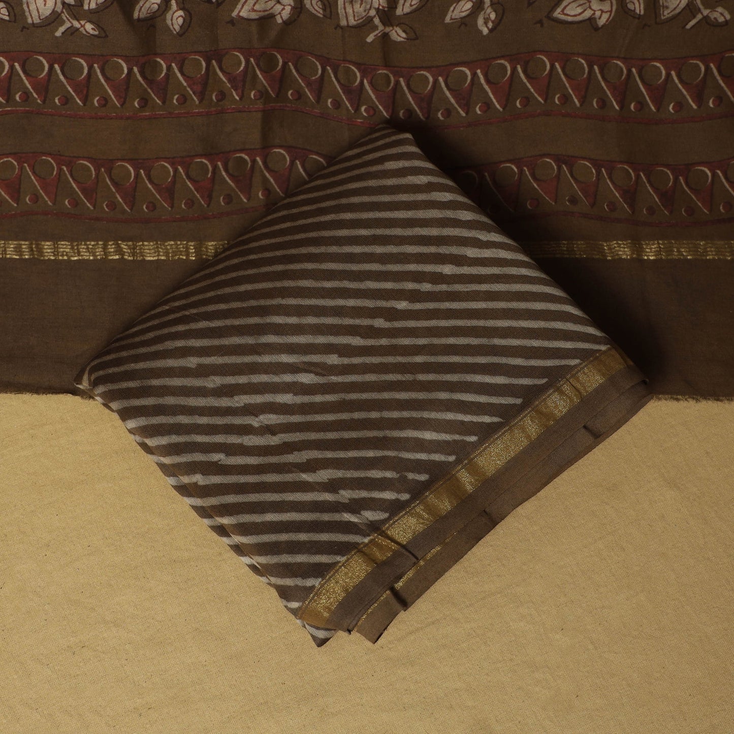 Brown - 3pc akola printed chanderi silk unstitched suit