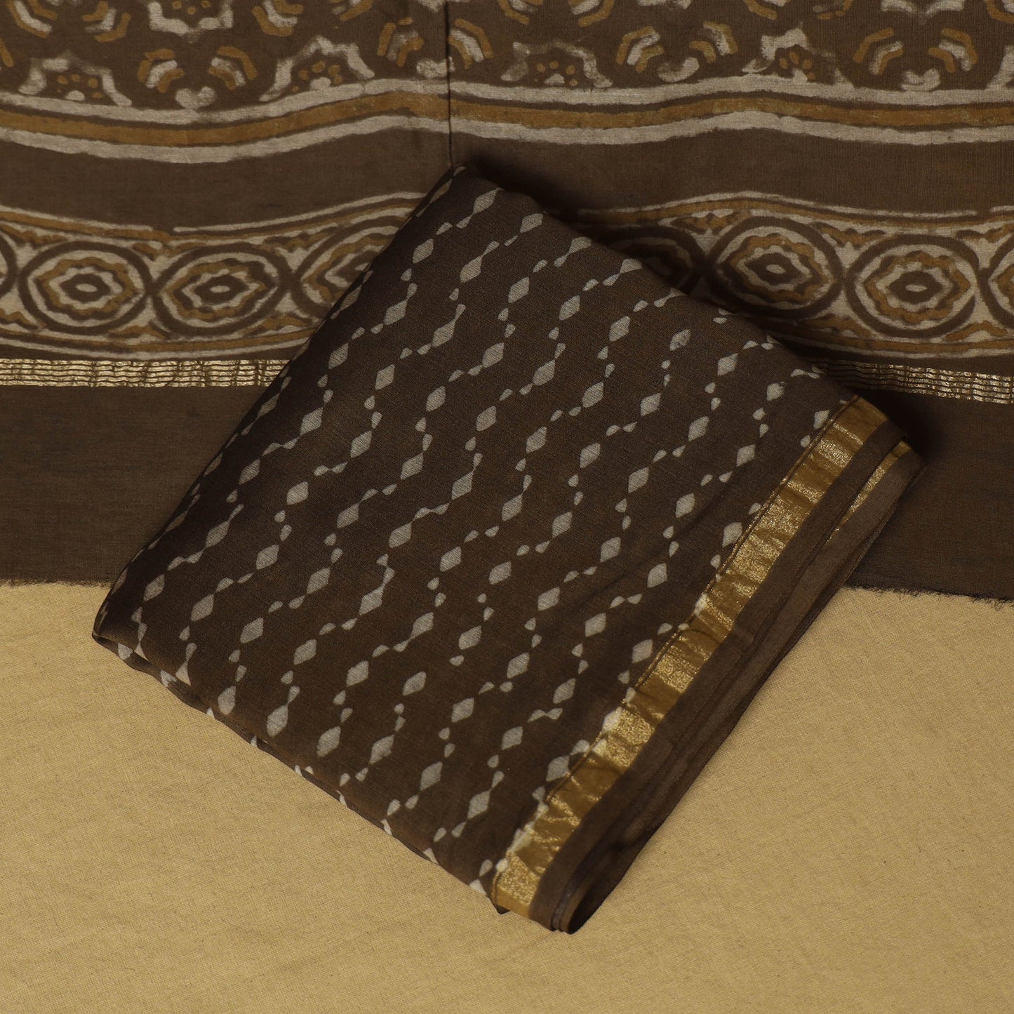Brown - 3pc akola printed chanderi silk unstitched suit