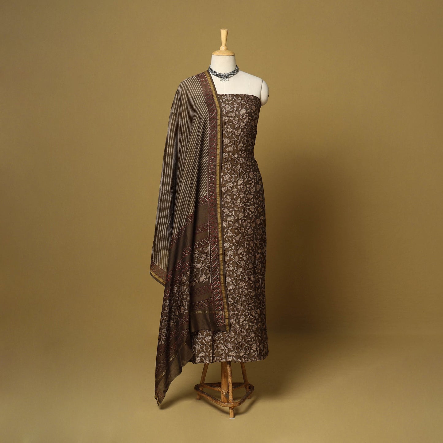 Brown - 3pc akola printed chanderi silk unstitched suit