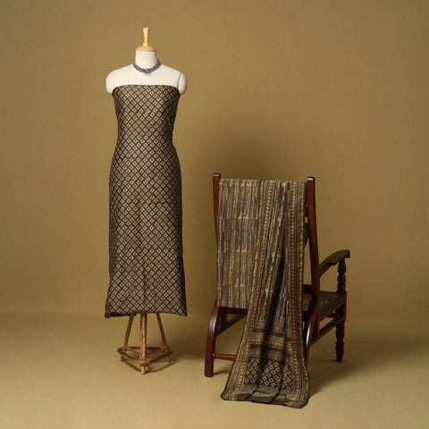 Brown - 3pc akola printed chanderi silk unstitched suit