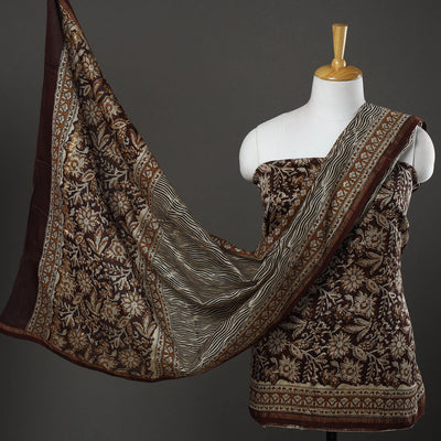  Brown 3pc Bagru Print Chanderi Silk Dress Material Online 