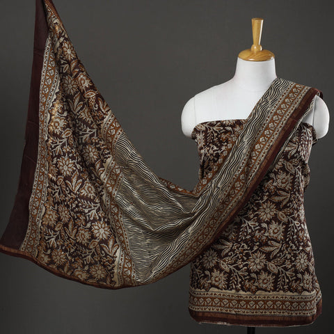  Brown 3pc Bagru Print Chanderi Silk Dress Material Online 