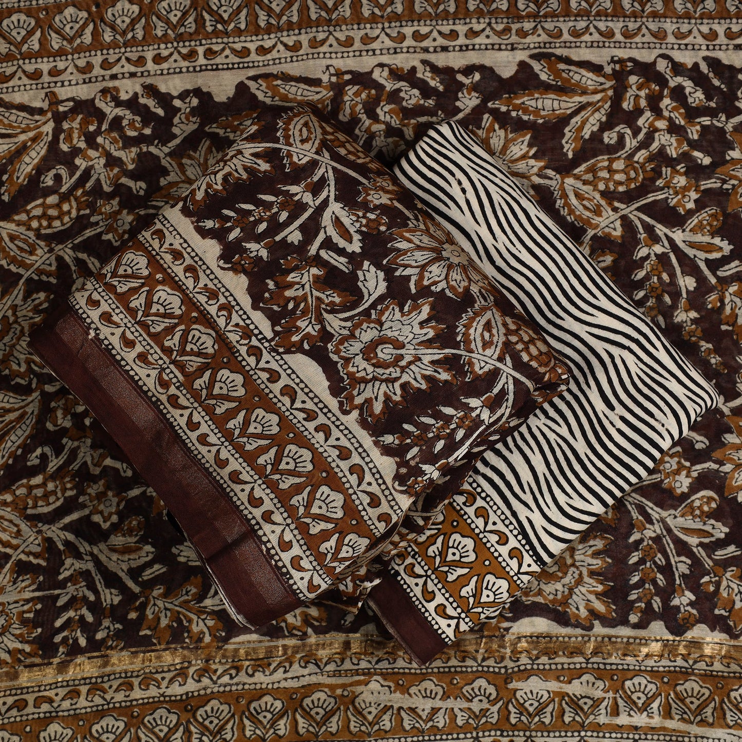  Brown 3pc Bagru Print Chanderi Silk Dress Material Online 