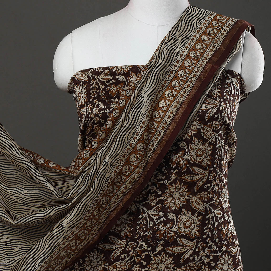  Brown 3pc Bagru Print Chanderi Silk Dress Material Online 