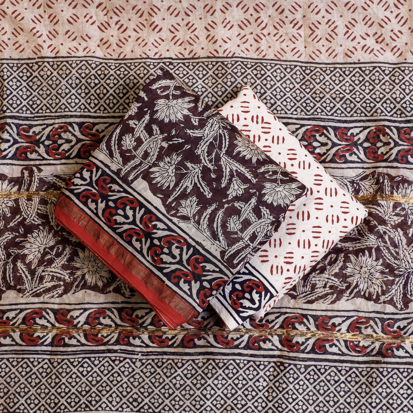 Brown 3pc Bagru Block Printed Chanderi Silk Suit Material Set