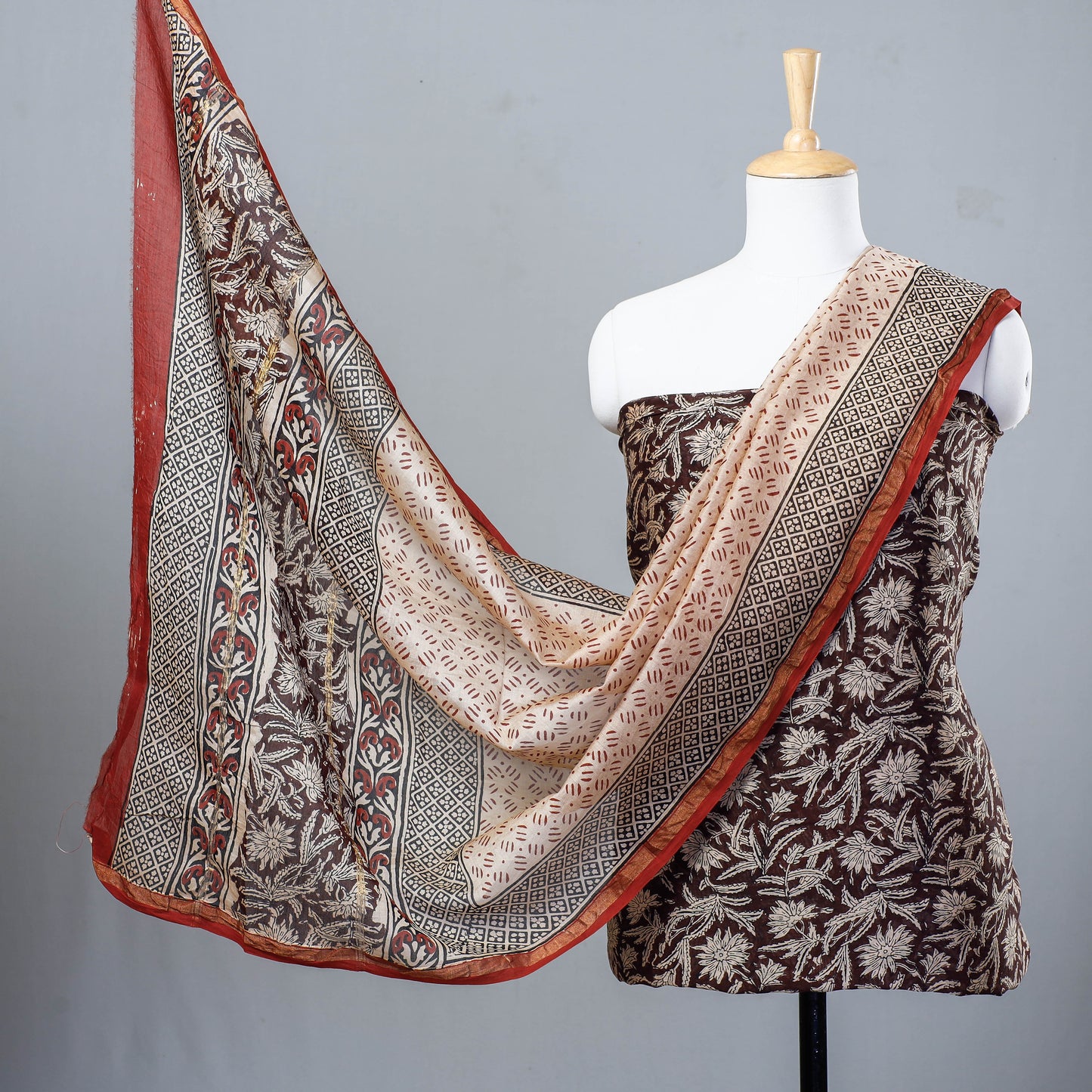 Brown 3pc Bagru Block Printed Chanderi Silk Suit Material Set