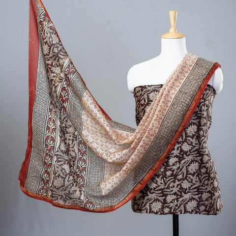 Brown 3pc Bagru Block Printed Chanderi Silk Suit Material Set