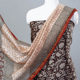 Brown 3pc Bagru Block Printed Chanderi Silk Suit Material Set