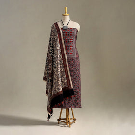 Brown 3pc Block Print Natural Dyed Ajrakh Dress Material
