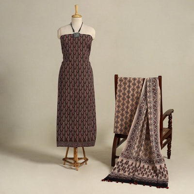 Brown 3pc Block Print Natural Dyed Ajrakh Dress Material