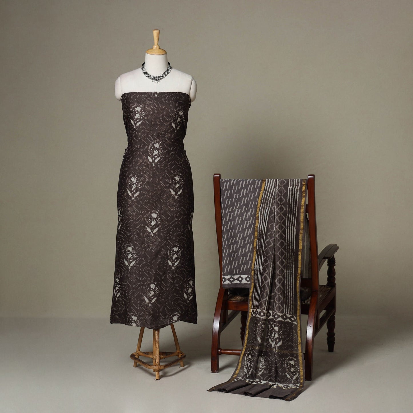Brown - 3pc chanderi silk unstitched sanganeri dress