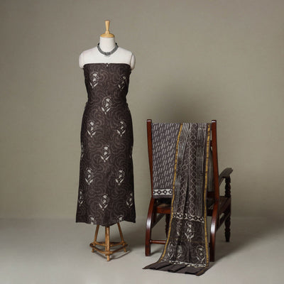 Brown - 3pc chanderi silk unstitched sanganeri dress