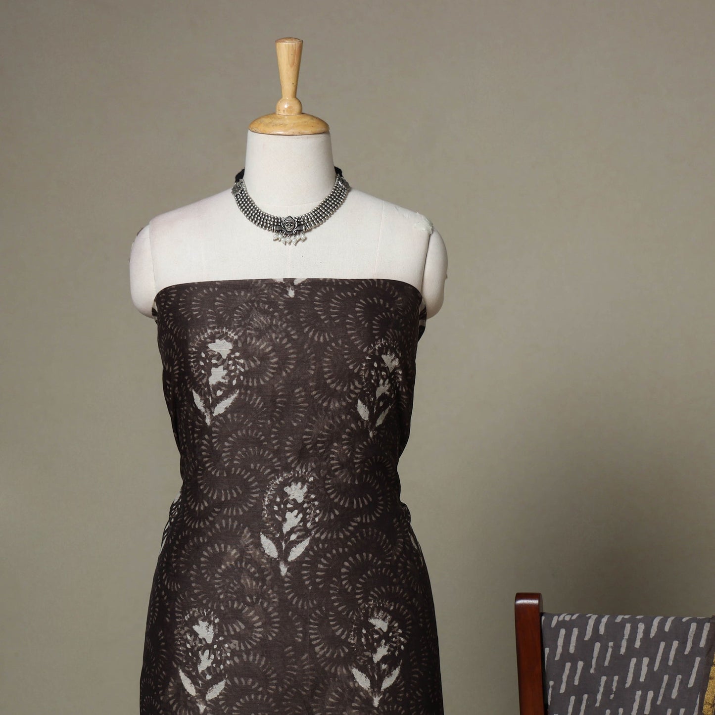 Brown - 3pc chanderi silk unstitched sanganeri dress