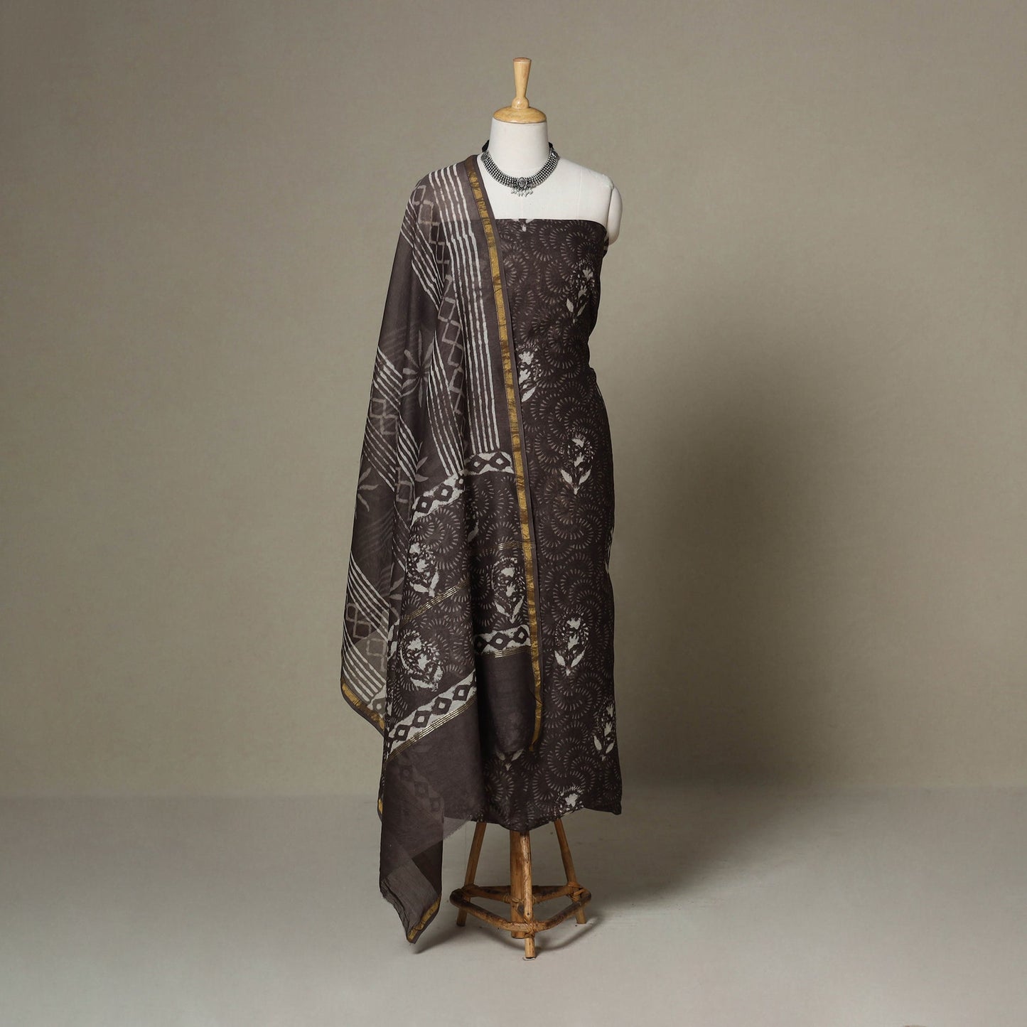 Brown - 3pc chanderi silk unstitched sanganeri dress