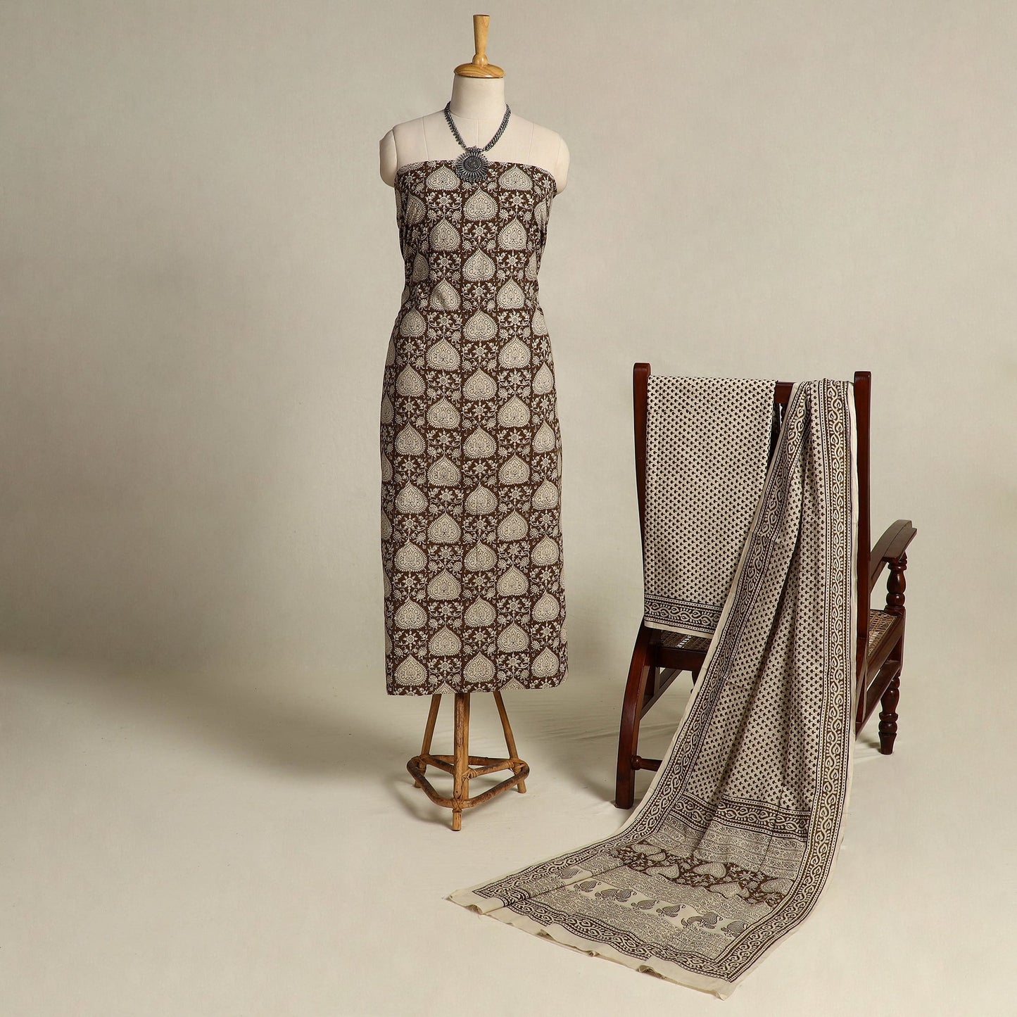 Brown 3pc Cotton Bagh Print Suit Material Set 