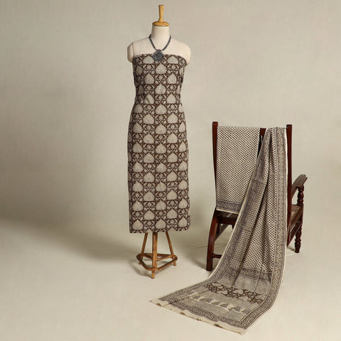 Brown 3pc Cotton Bagh Print Suit Material Set 