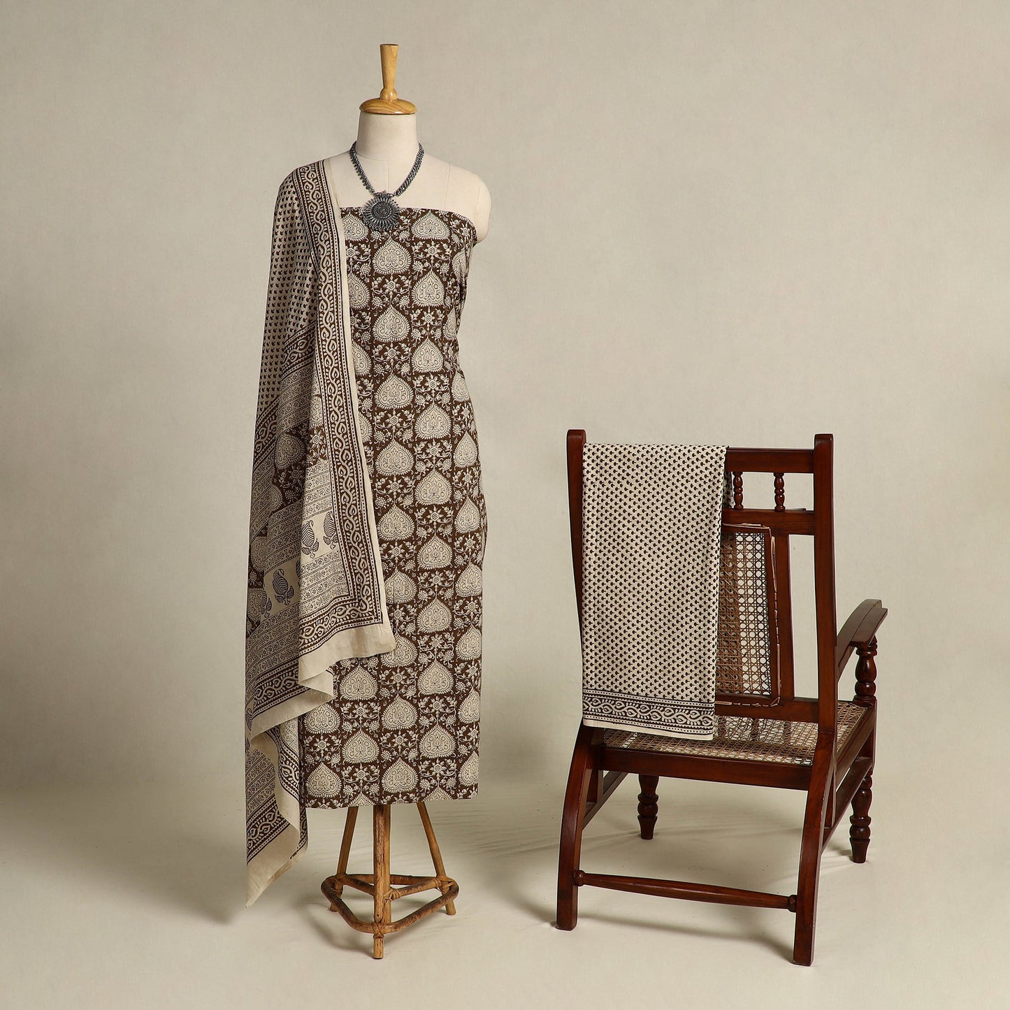 Brown 3pc Cotton Bagh Print Suit Material Set 