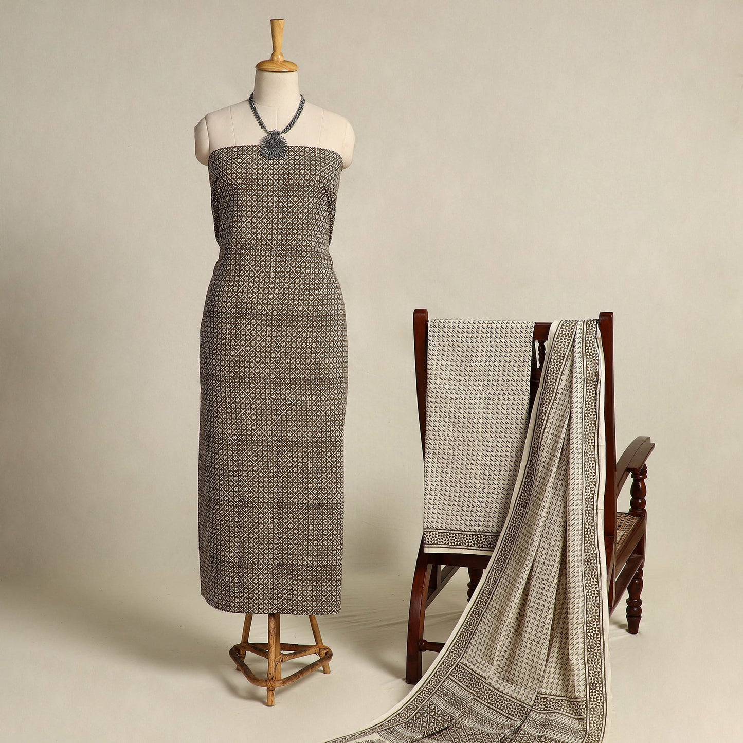 Brown 3pc Cotton Bagh Print Suit Material Set