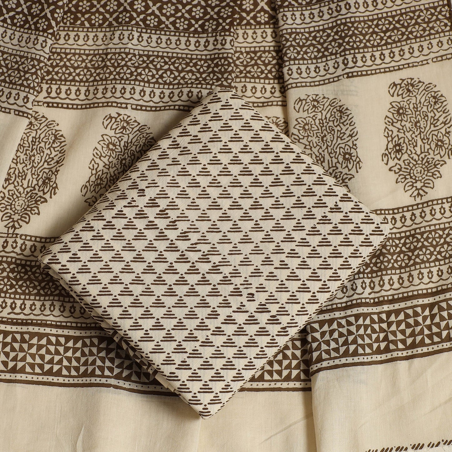 Brown 3pc Cotton Bagh Print Suit Material Set