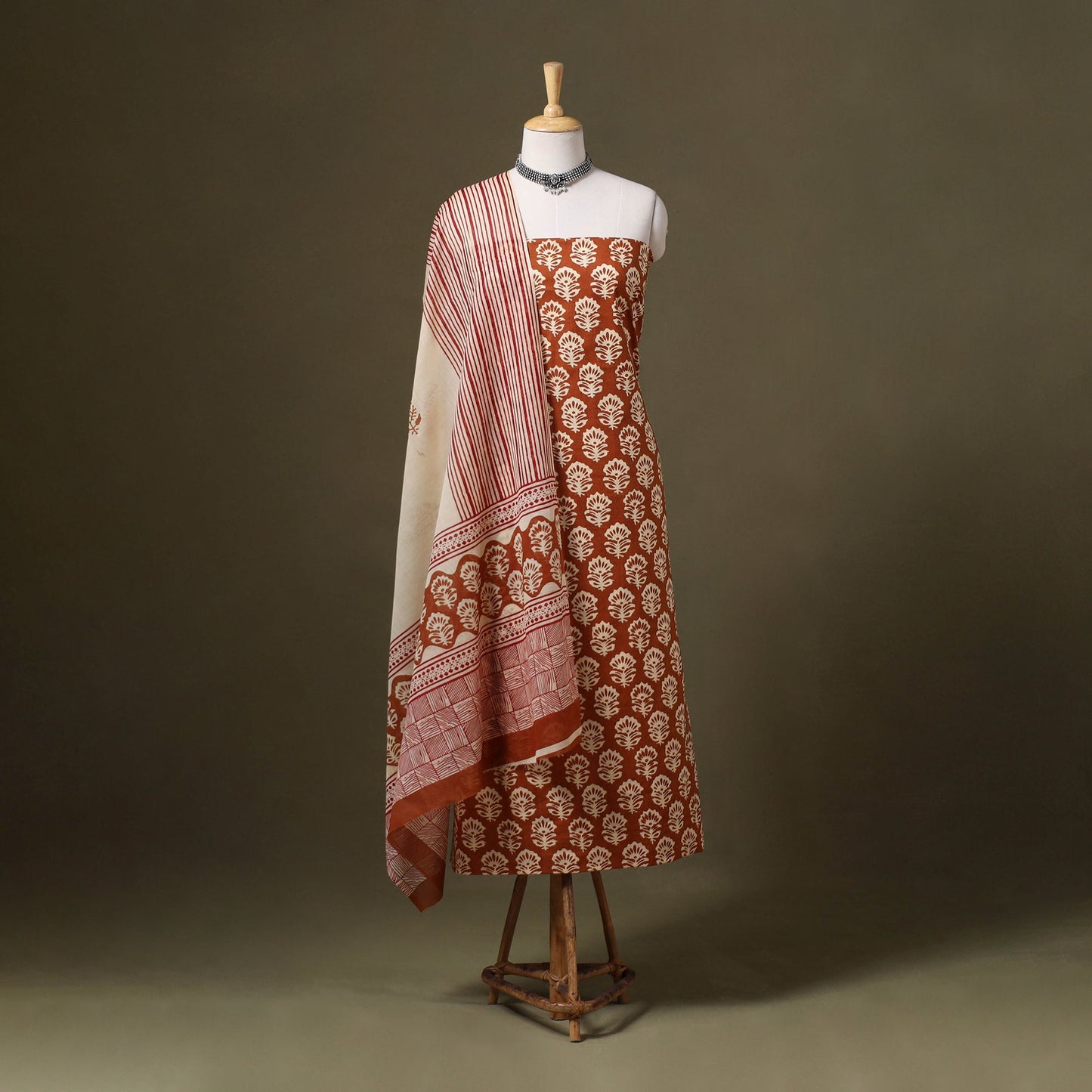 Brown - 3pc cotton bagru unstitched dress material 26