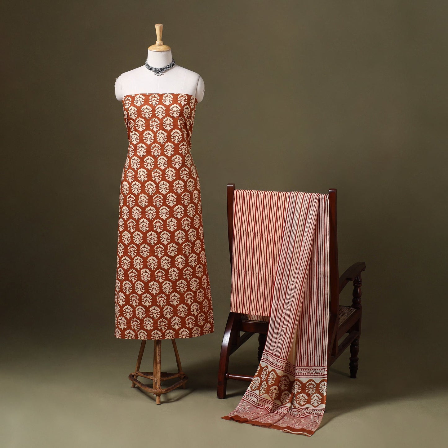 Brown - 3pc cotton bagru unstitched dress material 26