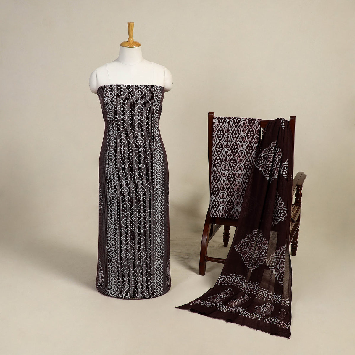 Buy Brown 3pc Cotton Hand Batik Print Dress Material