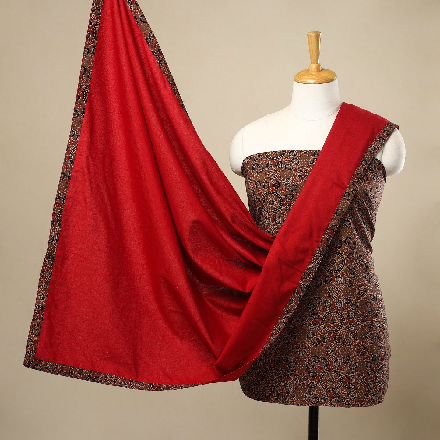 3pc Cotton Brown Ajrakh Print Kurta with Jacquard Dupatta