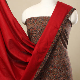 3pc Cotton Brown Ajrakh Print Kurta with Jacquard Dupatta
