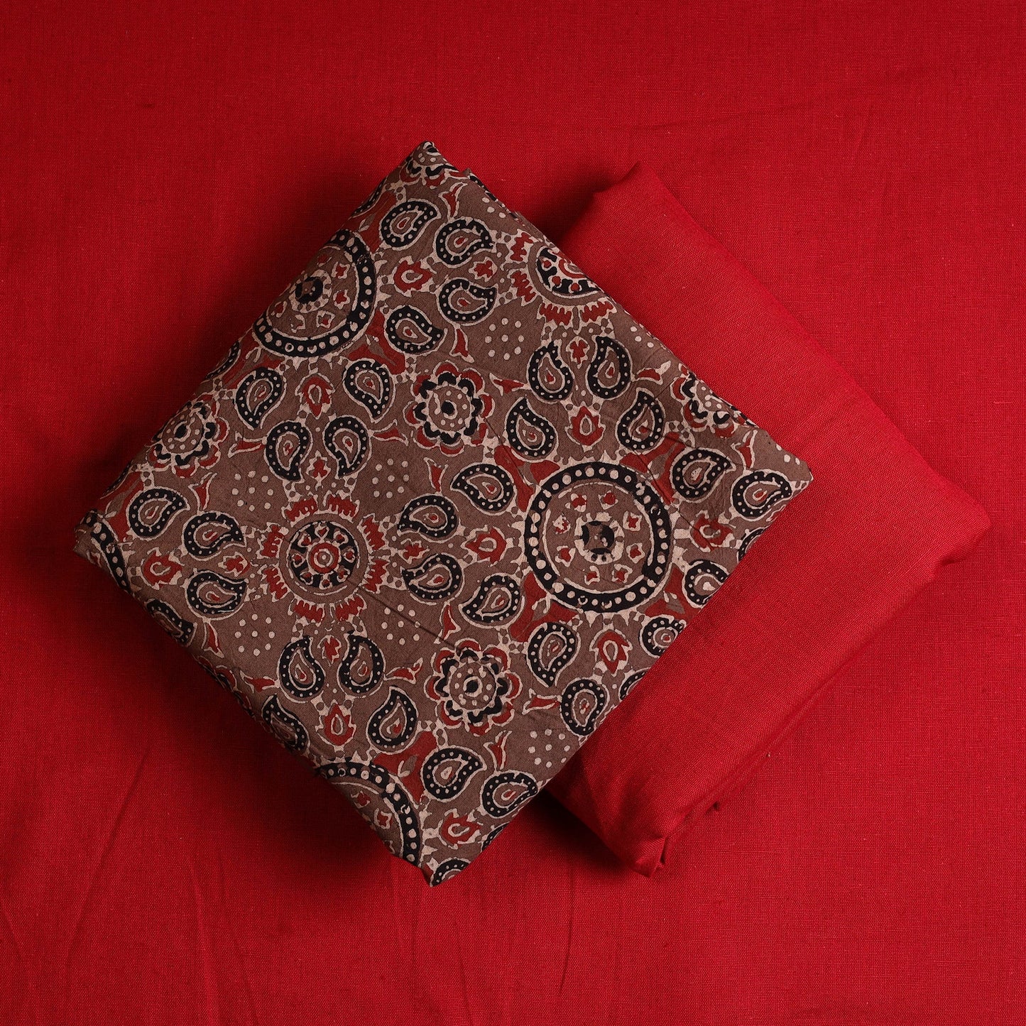 3pc Cotton Brown Ajrakh Print Kurta with Jacquard Dupatta