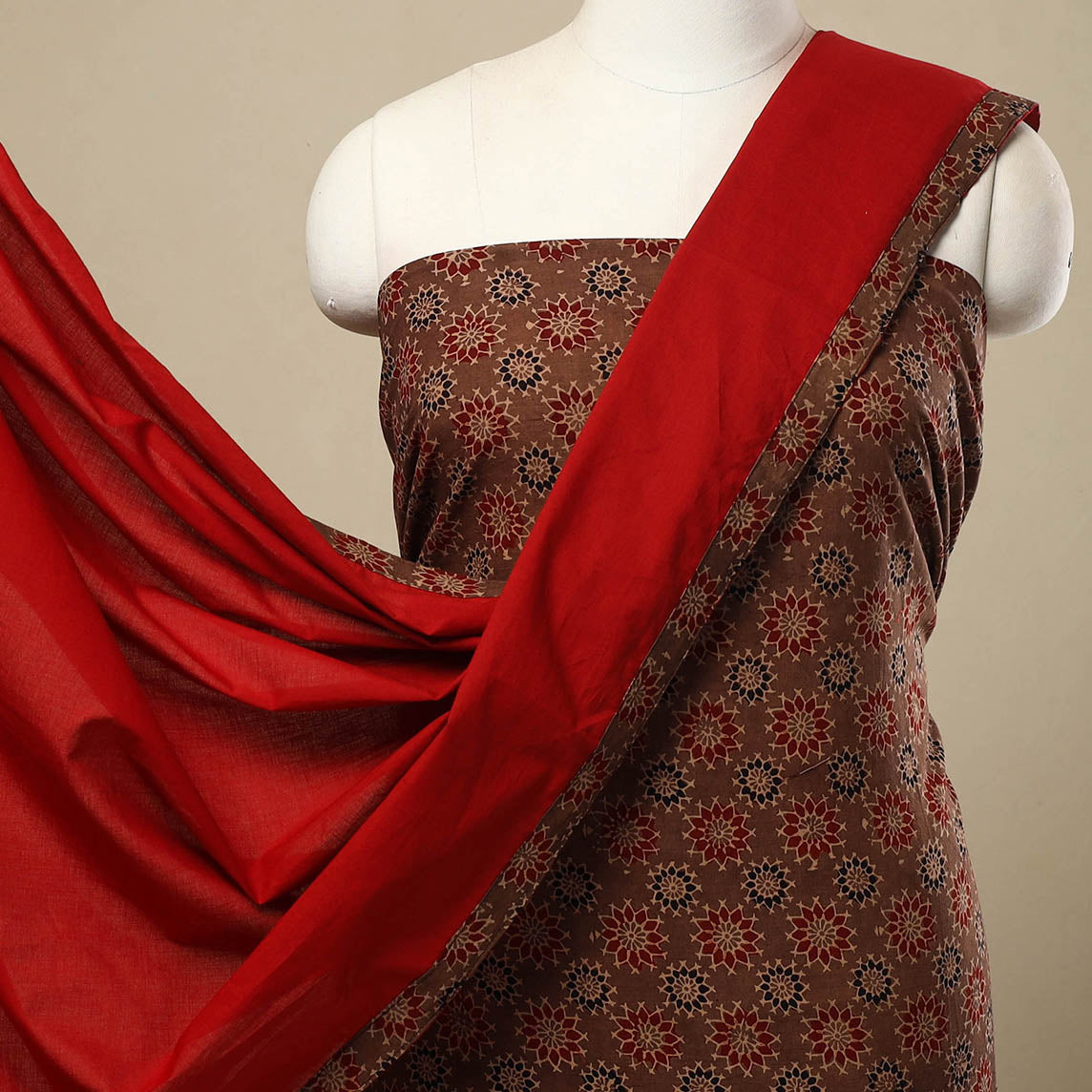 Brown - 3pc Cotton Ajrakh Print Kurta with Plain Dupatta 25
