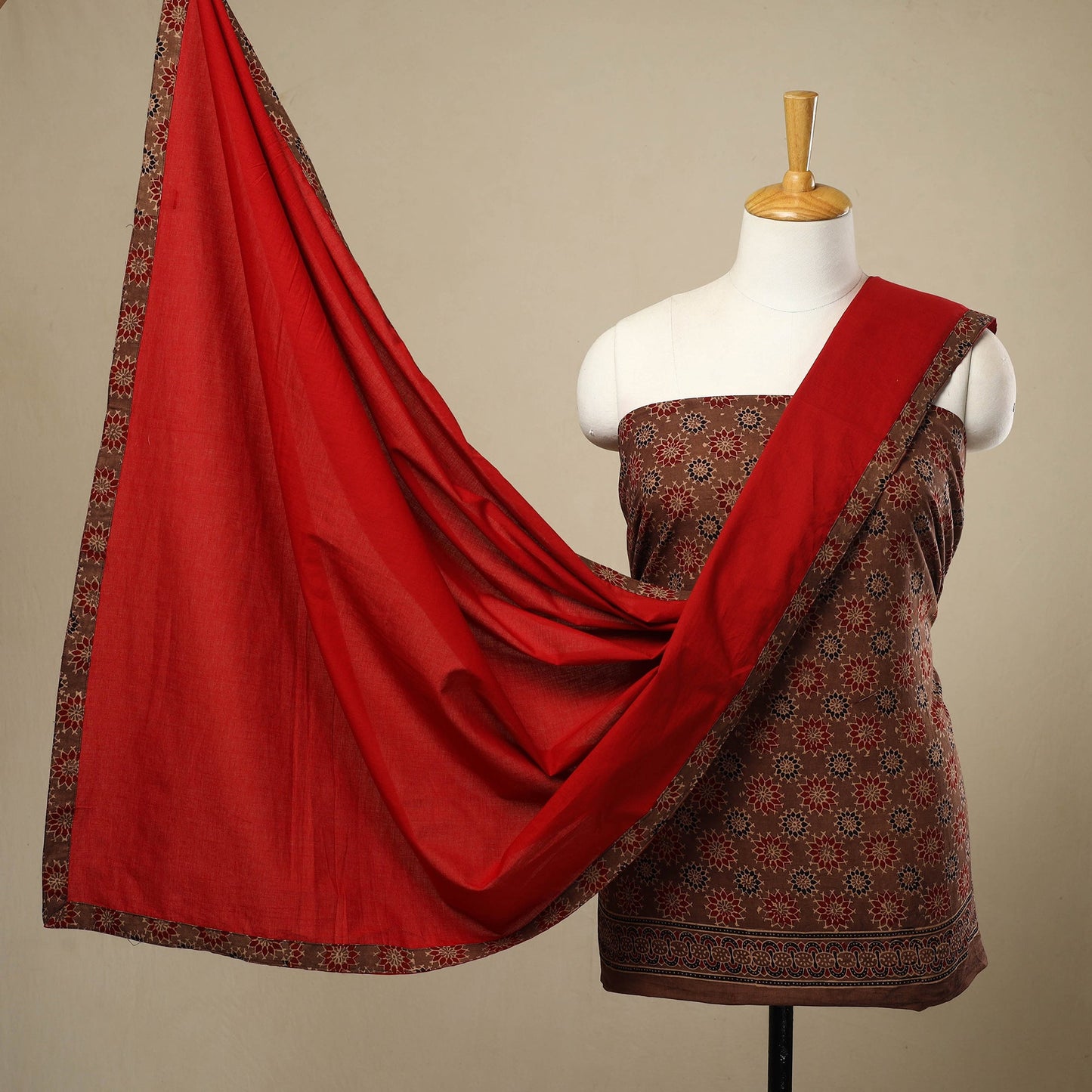 Brown - 3pc Cotton Ajrakh Print Kurta with Plain Dupatta 25