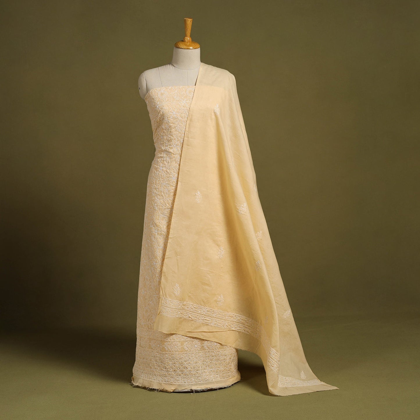 Buy Brown 3pc Cotton Lucknow Embroidery Chikankari Dress Material