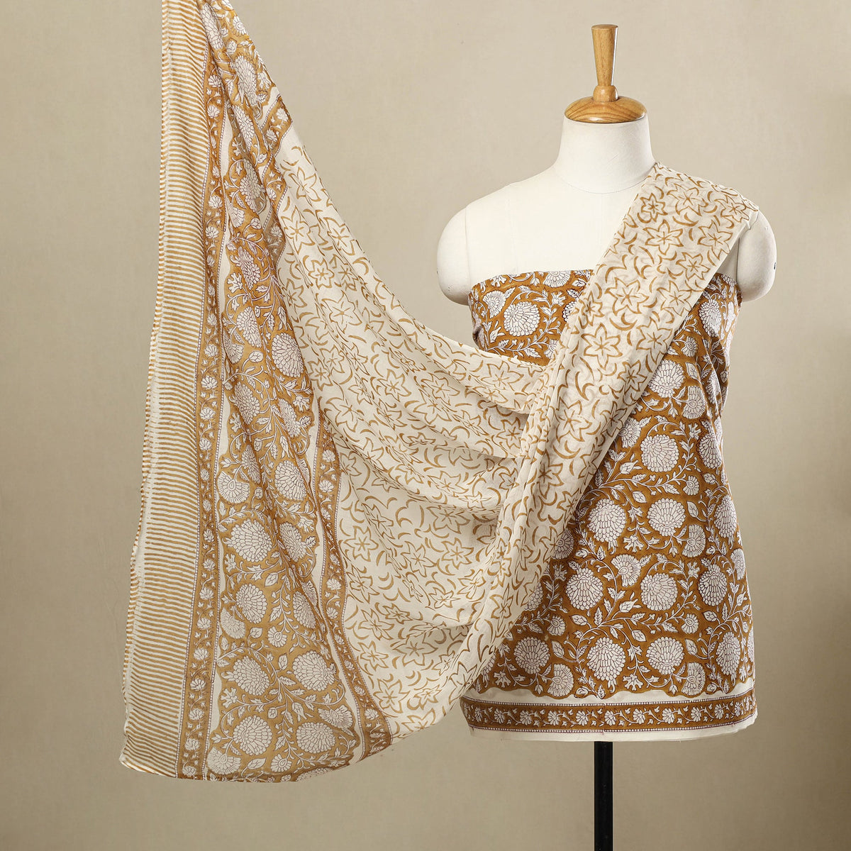 Buy 3pc Cotton Brown Sanganeri Print Dress Material
