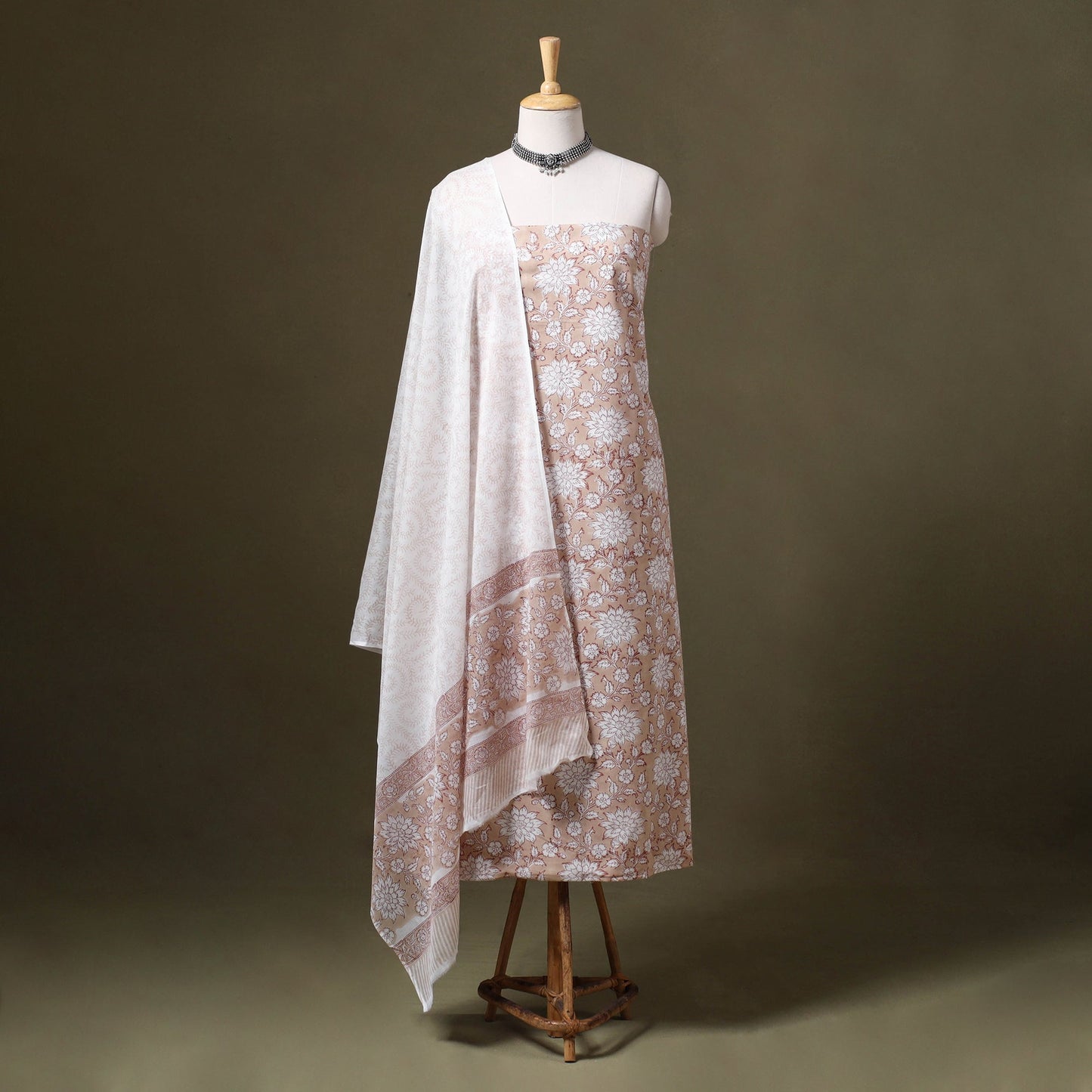 Brown - 3pc cotton sanganeri unstitched dress material 19