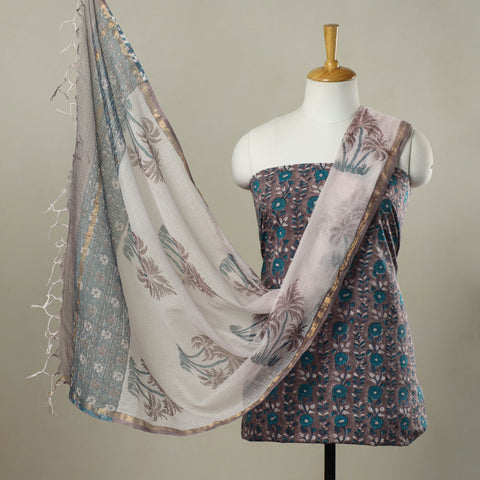 Buy Brown 3pc Cotton Sanganeri Print Dress Material