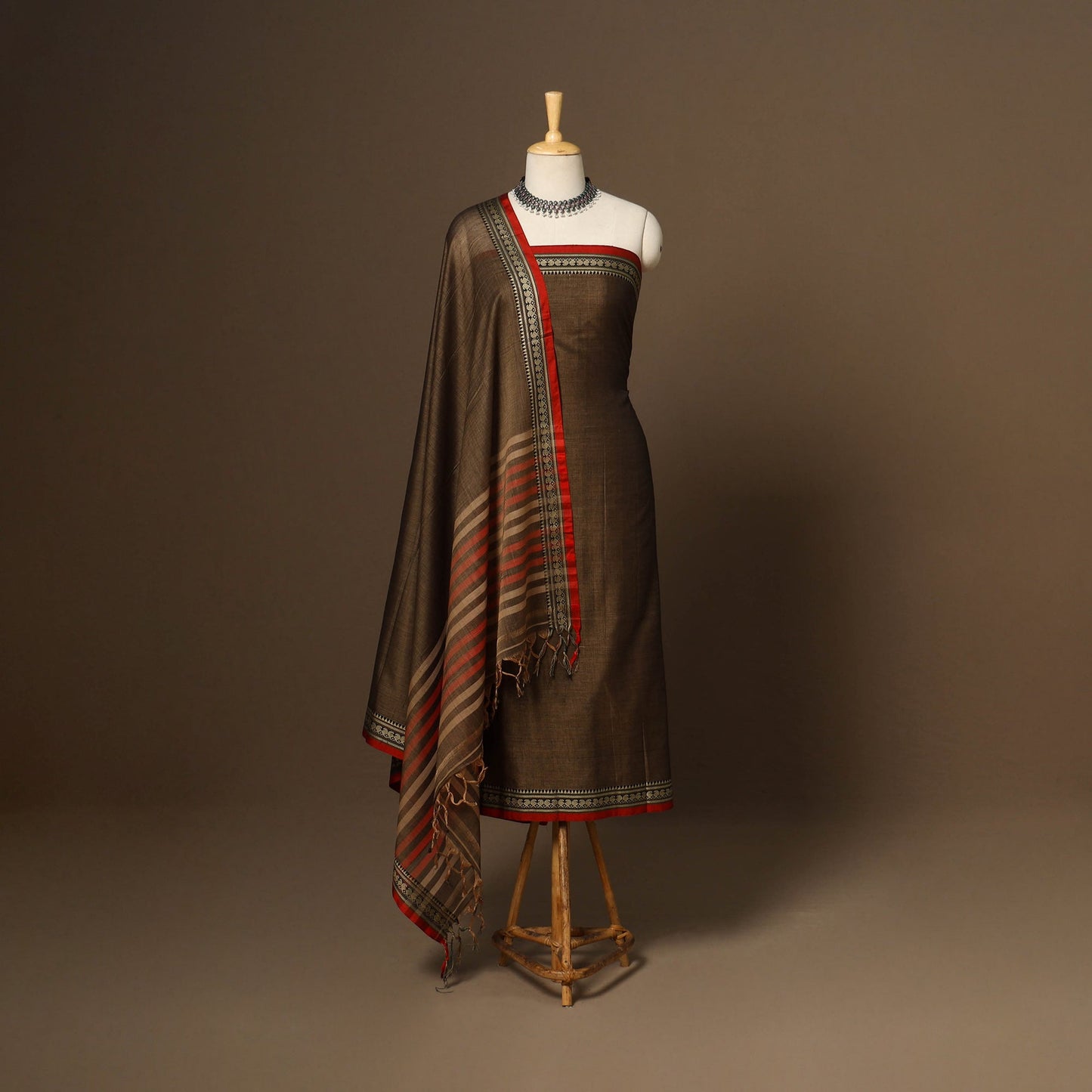 Brown - 3pc cotton unstitched dharwad dress material 14