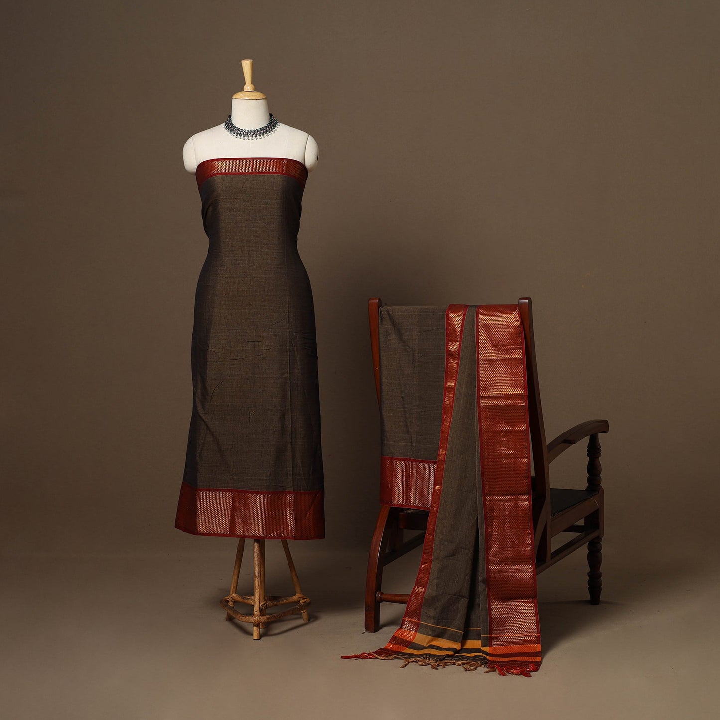 Brown - 3pc cotton unstitched dharwad dress material